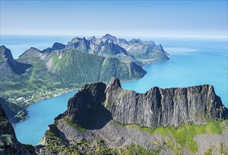 View over fjord Örnfjord, village Fjordgard, peak of Segla (left) and Hesten, seen from mountain