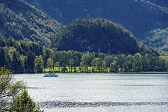 Lake Kochel with passenger ship Herzogstand, mountain Große Burg von Altjoch, Kochel am See,