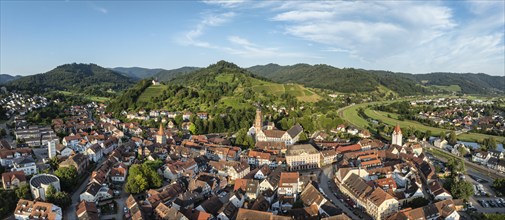 The old town centre of Gengenbach, on the right the river Kinzig, aerial view, panorama,