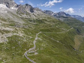 Landscape at the Furka Pass, drone photo. Alpine pass between the canton of Uri and the canton of