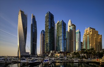 Marina, Skyline, Cayan Tower, DAMAC Heights, Logo, Dubai Marina, Evening light, Dubai, United Arab