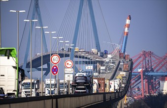 Traffic on the Köhlbrand Bridge in the port of Hamburg, spans the 325 m wide Köhlbrand, an arm of