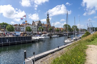 The town of Veere, province of Zeeland, marina, sailing harbour, tower of the old town hall,