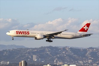 A Swiss Boeing 777-300 (ER) aircraft with the registration HB-JNH at Los Angeles Airport, USA,