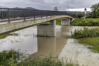 Flood at a bridge and a river, storm on 26.8.23 near Benediktbeuern, Loisach near Schlehdorf,