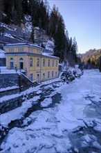 Fontana Carola healing spring, Tarasp drinking hall on the Inn or En, Nairs near Scuol in winter,