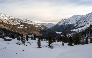 Zufallhütte mountain hut, morning light in a snow-covered mountain landscape, Val Martello, Ortler