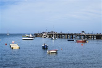 Swanage Pier and yachts and boats on Swanage Bay, Swanage, Dorset, England, United Kingdom, Europe