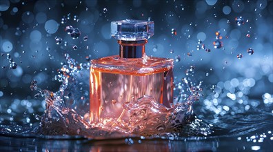 Bottle of expensive luxury perfume in splashes of water. Present for fathers or mothers day, AI