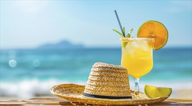 Straw hat and cocktail on a beach. A concept of relaxing caribbean vacation near the ocean, AI