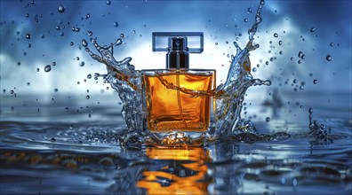 Bottle of expensive luxury perfume in splashes of water. Present for fathers or mothers day, AI