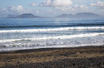 Atlantic Ocean coast beach and waves, Caleta de Famara, Lanzarote, Canary islands, Spain, Europe