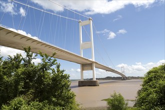 The old 1960s Severn bridge crossing between Beachley and Aust, Gloucestershire, England, UK