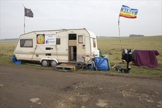 Caravan campaign banner Peace flag for 'Free Stonehenge, access campaign, Stonehenge, Wiltshire,