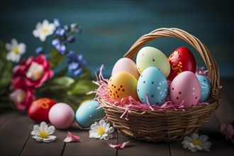 Easter celebration, featuring a collection of brightly colored eggs, each intricately painted with