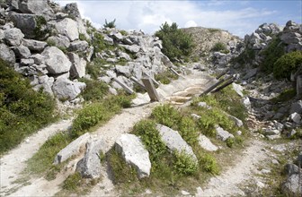 Stone sculpture shaped like a boat in Tout Quarry, Isle of Portland, Dorset, England, United