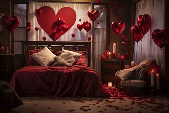 A cozy bedroom adorned with red and white heart-shaped balloons, rose petals, and candles creating