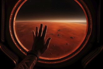 Mars landscape seen through spaceship window illuminator with astronaut hand touching the glass.