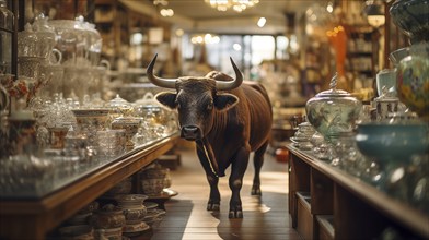 Very large bull with horns in a China shop filled with glassware. generative AI, AI generated