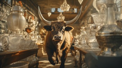 Very large bull with horns in a China shop filled with glassware. generative AI, AI generated