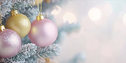 Christmas banner with pink and yellow bauble ornaments on tree. Generative AI, AI generated