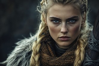 Portrait of blond female viking woman. Generative AI, AI generated