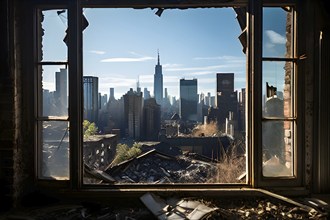 View from inside looking out through a broken window framing the contrast lost and modern, AI