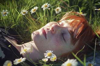 Teenager, young fair-skinned woman with red hair and freckles lying on a spring meadow and basking