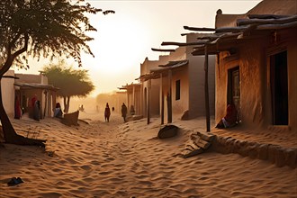 Village with traditional mud houses nestled in the thar desert, AI generated