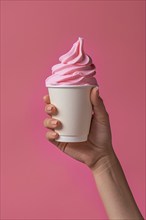 Hand holding pink ice cream in cup. KI generiert, generiert, AI generated