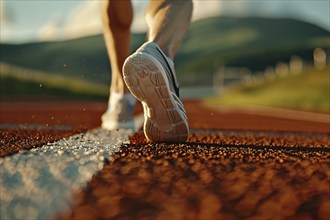 Close up of back view of woman's feet in sport shoes running on orange running track. Generative