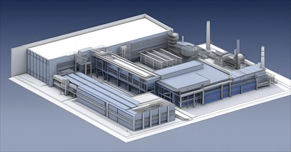 Three dimensional rendering of a model of a modern factory, AI generated