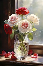 Transparent crystal glass vase with white and red blooming roses, AI generated