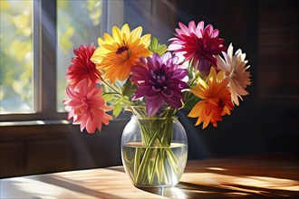 Transparent crystal glass vase with vibrant blooming flowers, AI generated