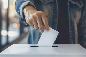 Ballot paper being put in box by man during election. Generative AI, AI generated