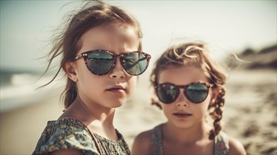 Two young girlfriends posing wearing sunglasses having fun on the beach, generatvie AI, AI