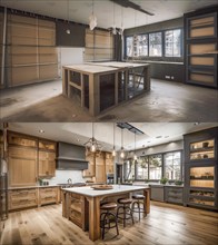 Luxurious custom kitchen upgrade interior before and after construction, generative AI, AI