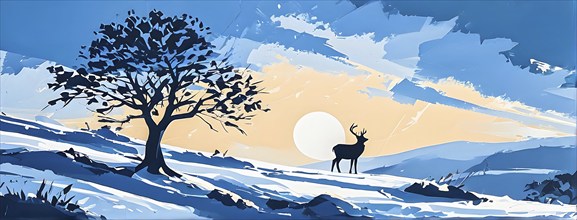 Abstract minimalist winter scene with a single, sharp silhouette of a deer and of a snow-covered