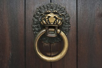 Lion's head as a door knocker on the Romanesque entrance portal of the Schottenkirche Sankt Jakob,