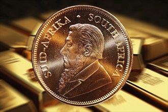 Close-up of a Krugerrand gold coin, in the background blurred gold bars (composing)