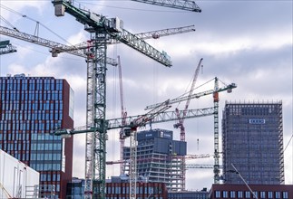 Construction sites in the east of Hafencity Hamburg, office building, new district on the Elbe, on