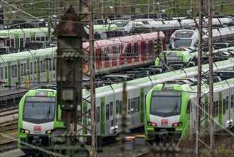 Regional trains, regional railways, suburban trains, on the tracks of a railway depot, waiting for