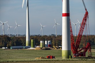 Construction site of a new wind turbine, modules of the tower, wind turbine from the manufacturer