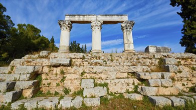 Part of an ancient temple with columns in front of a clear blue sky, Temple E, Archaeological site,