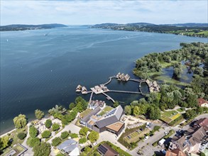 Aerial view of the pile dwellings, Lake Dwelling Museum, Open Air Museum Unteruhldingen,