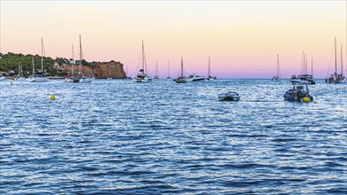 Sailing yachts at the blue hour in the bay of Talamanca, Eivissa, Ibiza Town, Ibiza, Balearic