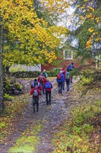 Group of men with an active lifestyle walking on a path by a red cottage in autumn, Sweden, Europe