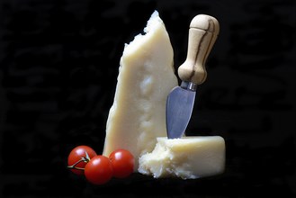 A piece of Parmesan cheese with cheese knife, tomatoes, Italy, Europe