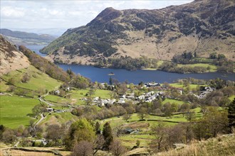 View of Ullswater lake and Glenridding village, Lake District, Cumbria, England, UK