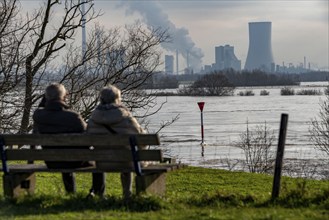 Rhine floods, Rhine dyke near Götterswickerhamm, Walsum power station in Duisburg, Voerde, North